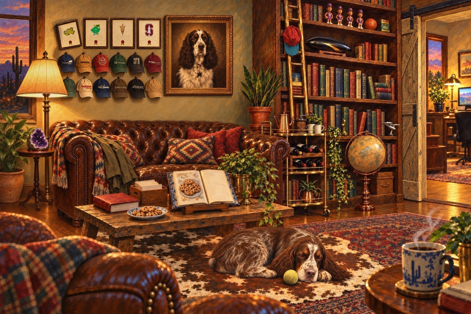 The den: a leather Chesterfield, Hobbes the springer asleep on a cowhide rug, a family cookbook open on its stand, a turntable and record crate by the lamp, a map, Dad's turquoise cross and Quincy's portrait, a bar cart, and a library wall with a Hyperloop pod model and Suns bobbleheads.