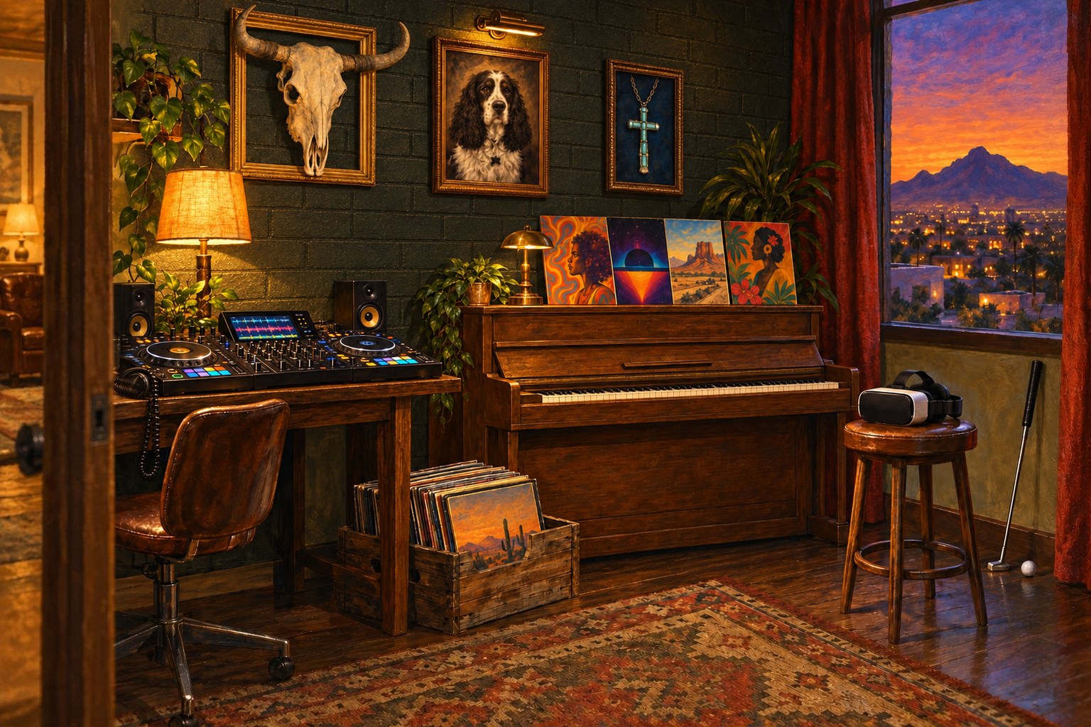 The studio: DJ decks, a wall of record sleeves, a crate of vinyl, a stool with a VR headset, a putter in the corner, and a window onto Camelback Mountain at dusk.